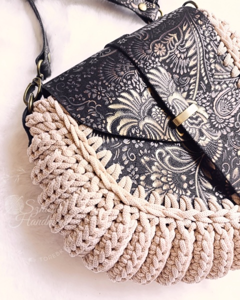 Torebka pleciona diament złoty ornament + beż