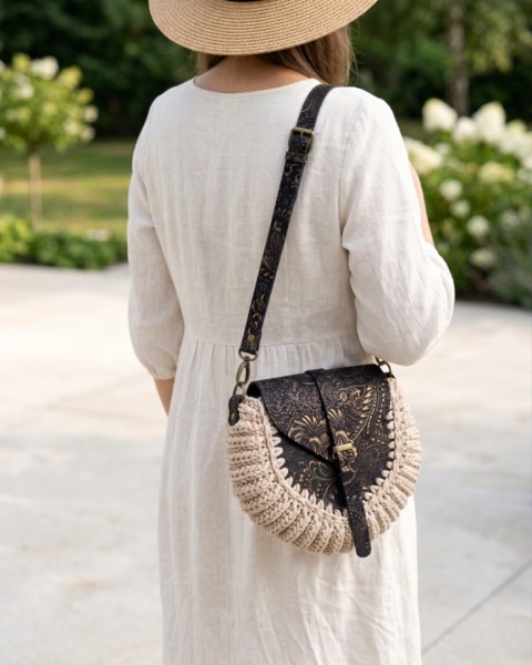 Torebka pleciona diament złoty ornament + beż