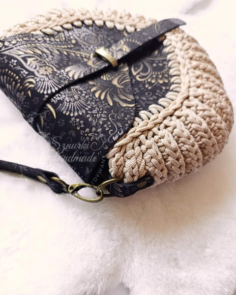 Torebka pleciona diament złoty ornament + beż